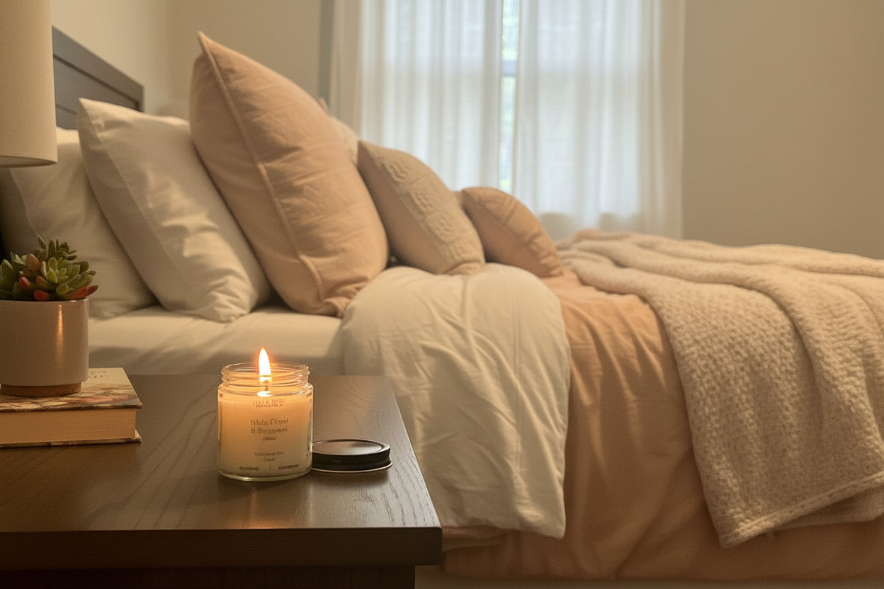 Candle labeled 'White Copa & Bergamot' on a wooden surface with a blurred background