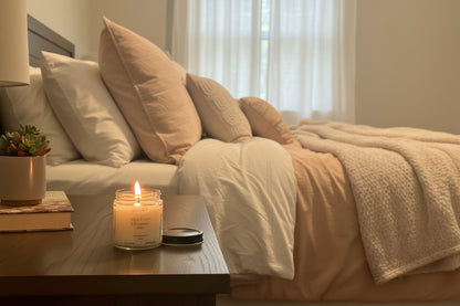 Candle labeled 'White Copa & Bergamot' on a wooden surface with a blurred background
