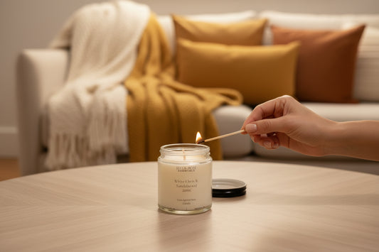 warm ,cozy livingroom setting sitting atop a liv ngroom table with someone lighting the candle